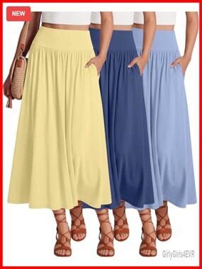 Women's 3 Pack Maxi Long Pleated A-Line Skirts with Pockets Ankle Length